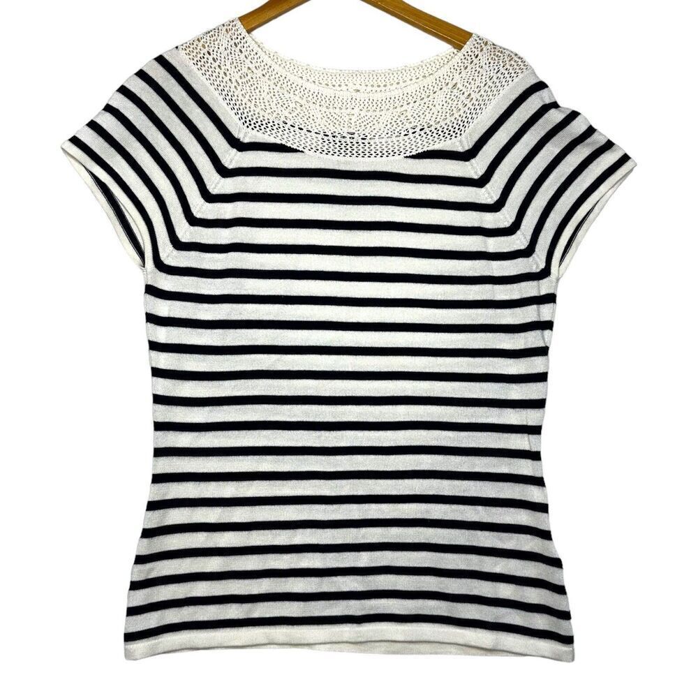 Chaps Ralph Lauren Sweater Womens Size Large Stripe Short Sleeve Crotchet capsul